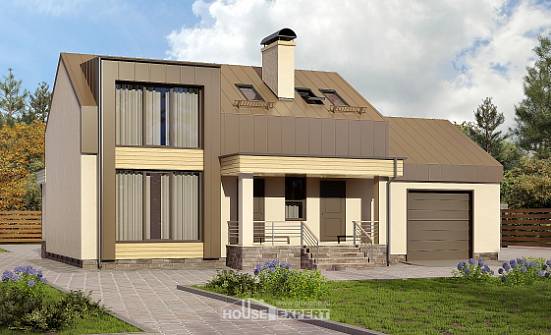 150-015-Л Проект двухэтажного дома мансардой, гараж, уютный коттедж из твинблока Саяногорск | Проекты домов от House Expert