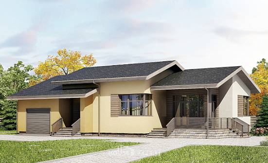 135-002-Л Проект одноэтажного дома и гаражом, уютный домик из арболита Саяногорск | Проекты домов от House Expert