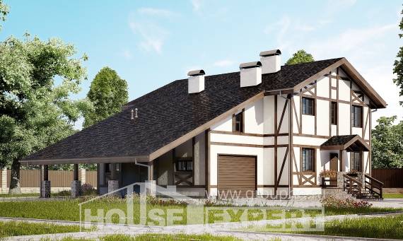 250-002-Л Проект двухэтажного дома с мансардой, гараж, просторный коттедж из кирпича Саяногорск, House Expert
